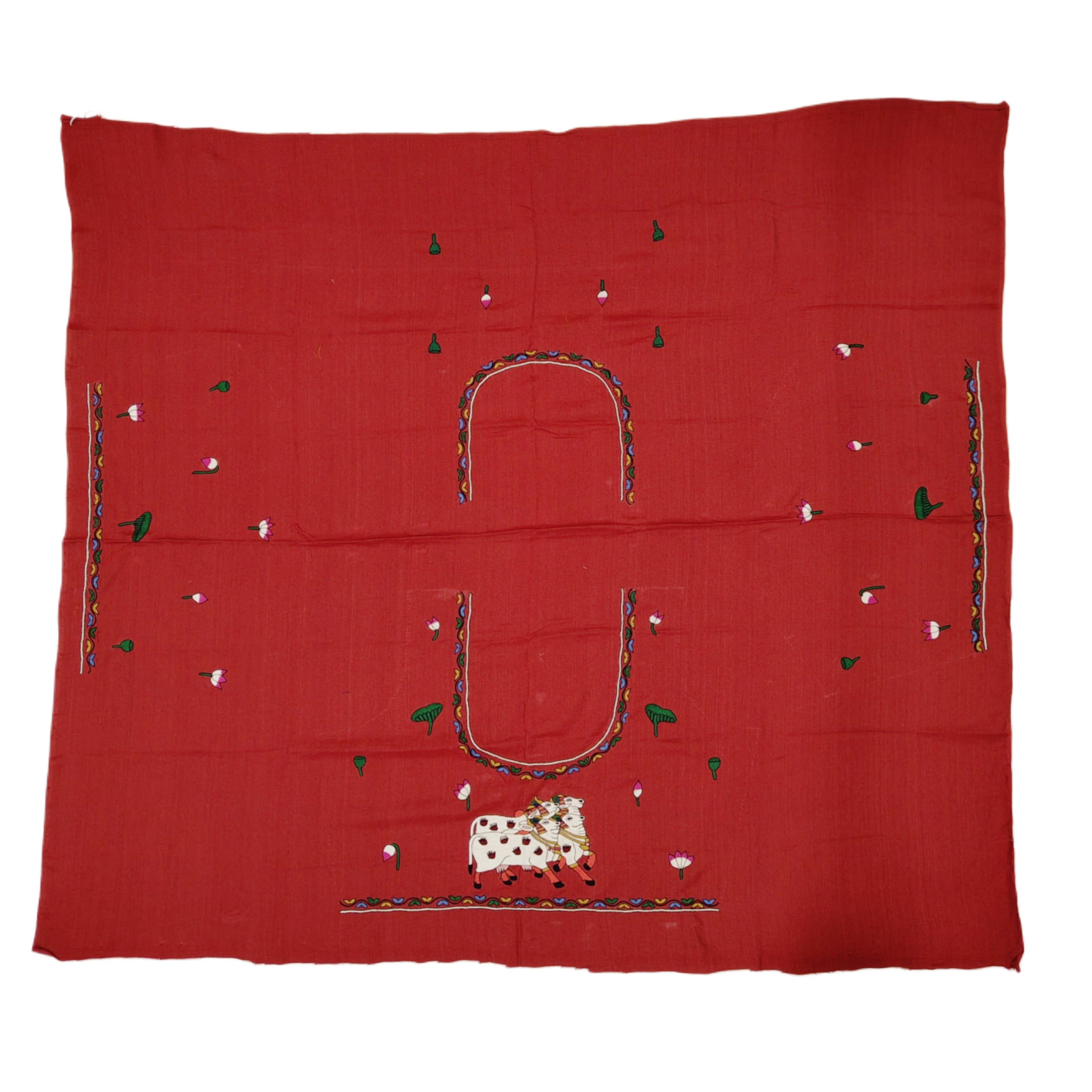 Hand-Embroidered Devotion: Folk Art Blouse Piece on Half Tussar Silk